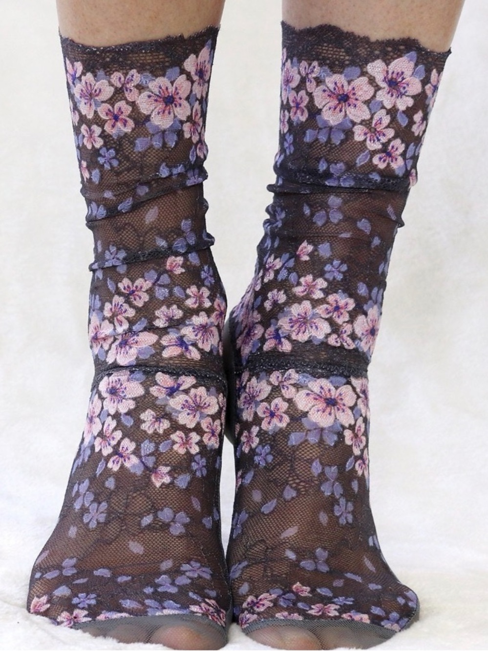Sheer Cherry Blossom Lace Socks, Charcoal Floral Sakura Mesh, Fits W 8-9.5, NWOT